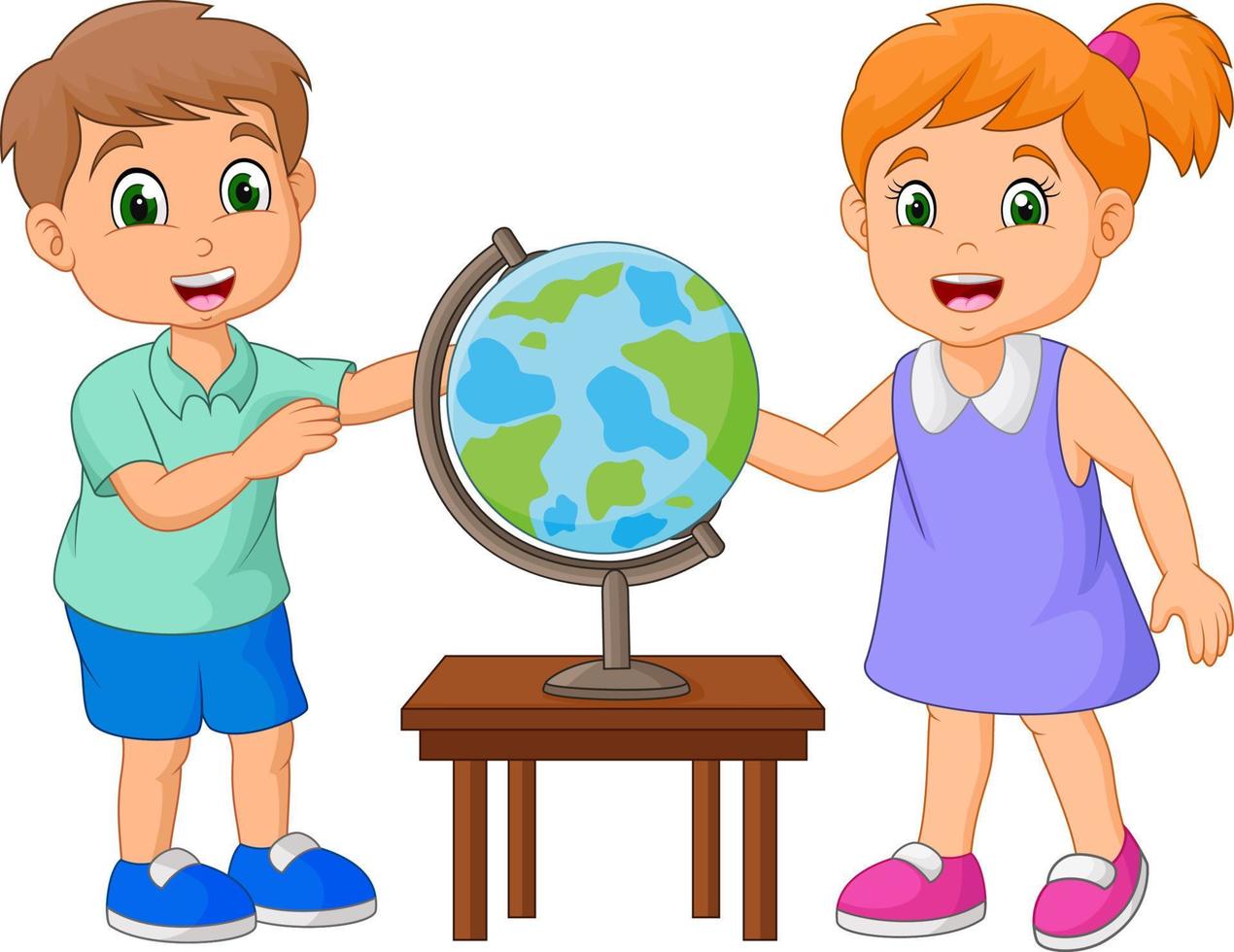 cartoon children looking at globe on the table vector