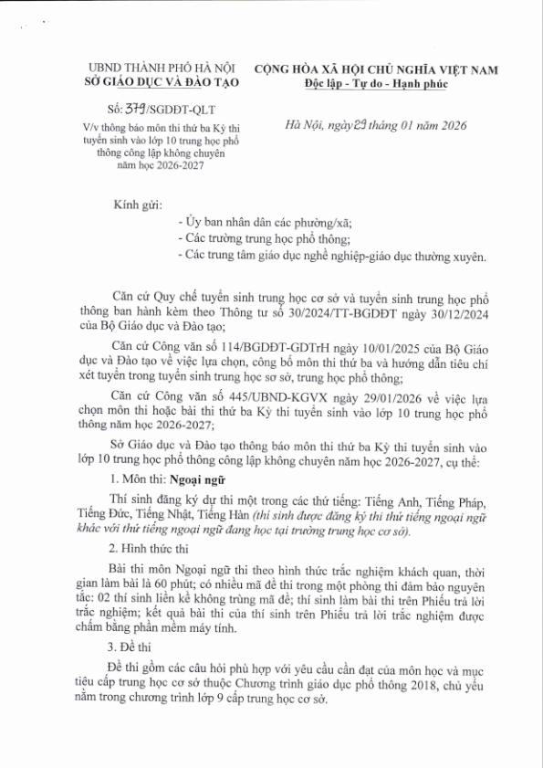 ngoại ngữ là môn thi thứ ba vào lớp 10 năm 2026