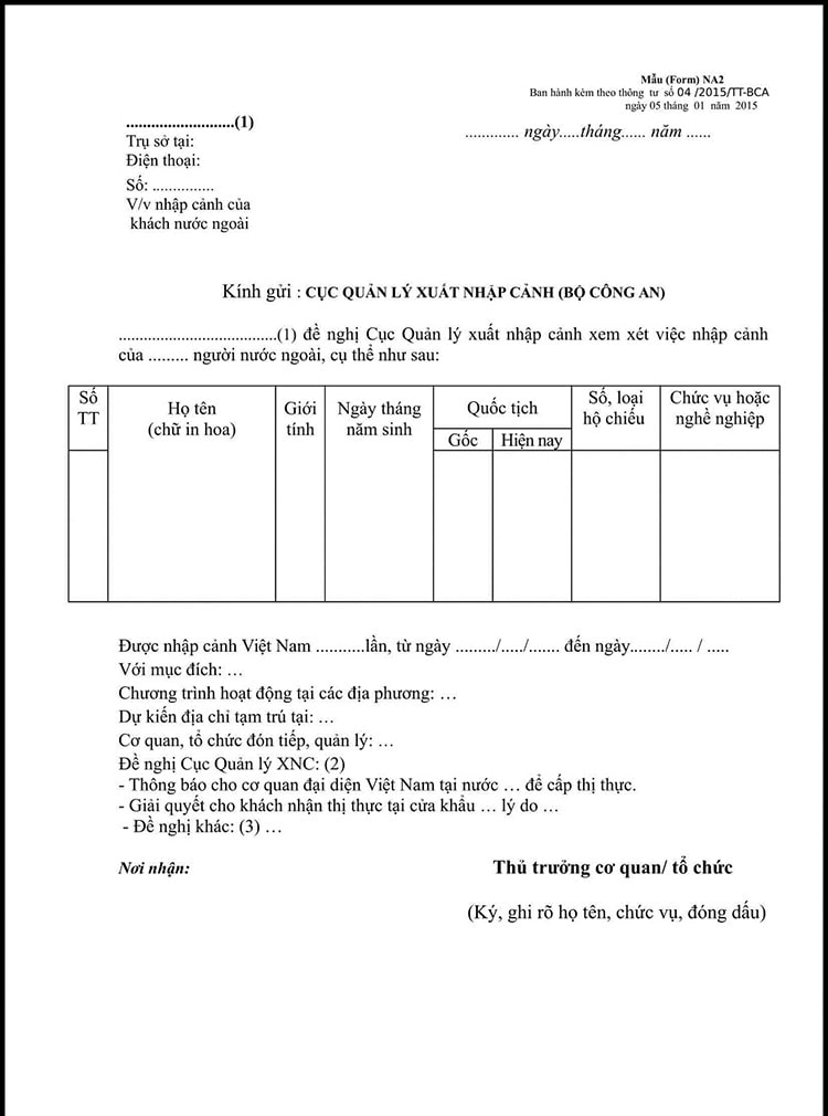 Mẫu thư mời người nước ngoài sang Việt Nam theo mẫu NA2